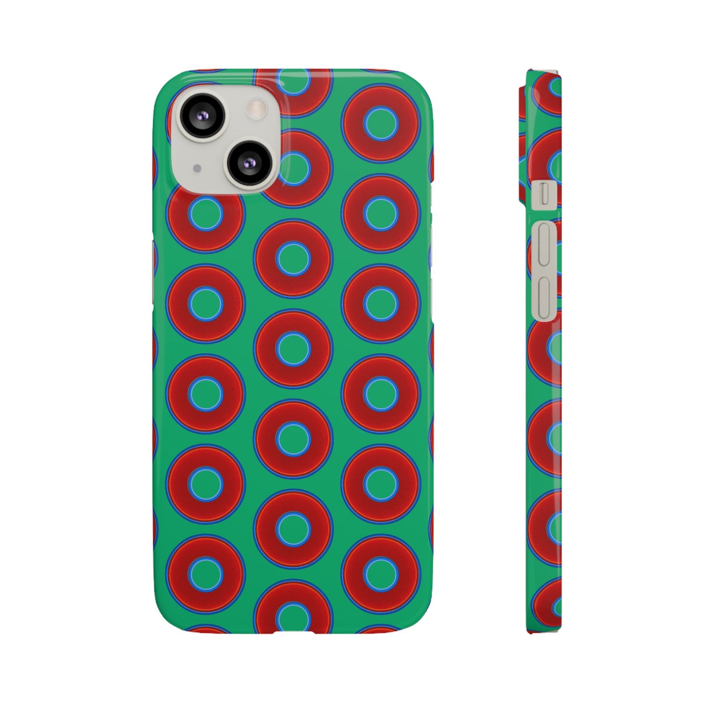 Lumpy Donut Snap Case - red vivid donut print w/jade green background