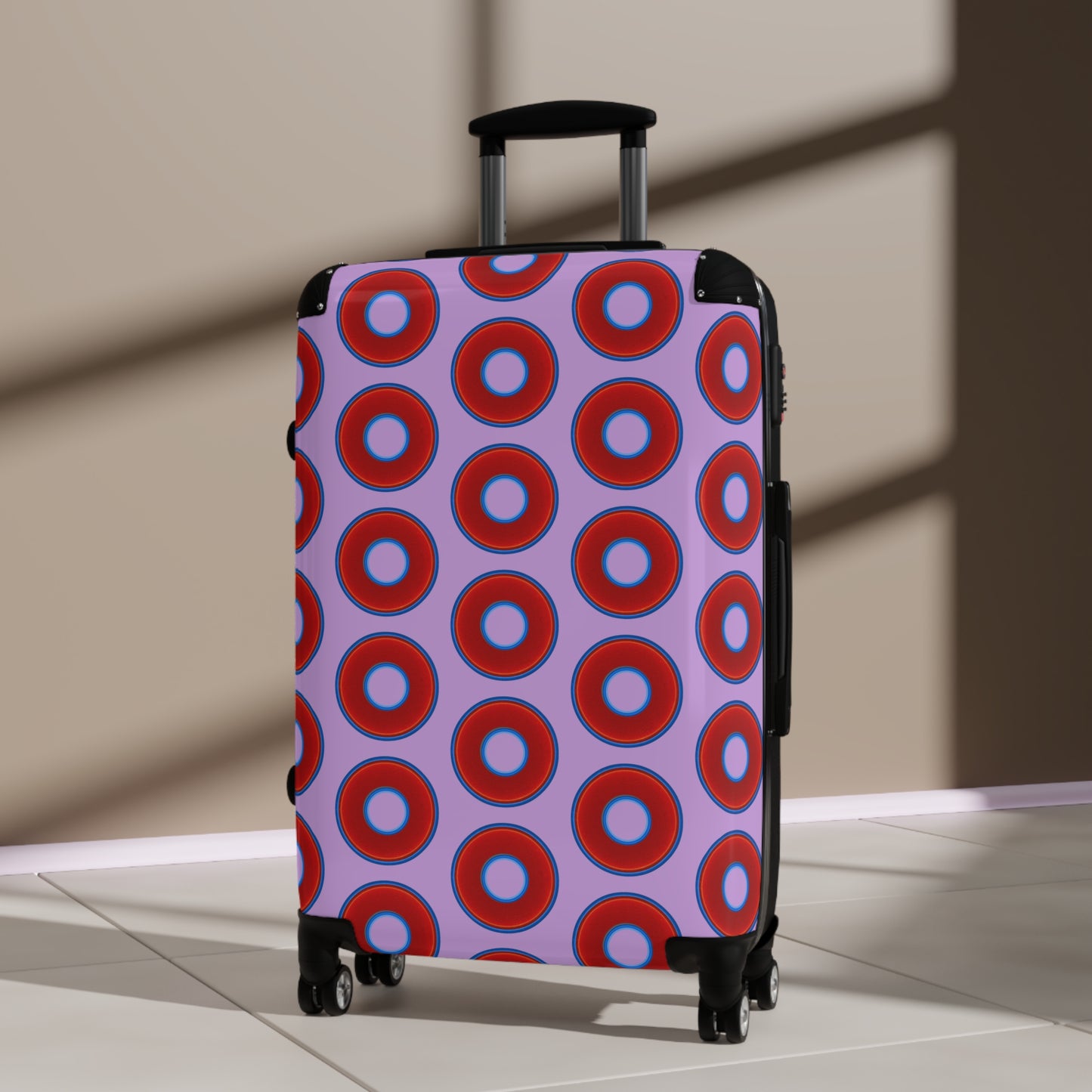 The Very Lumpy Donut Suitcase series - your choice of S, M or L - vivid red donut print w/wisteria purple background