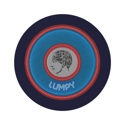 Round Room - 5 ft x 5 ft Lumpy Donut Rug - "The Lumpiest Donut Rug" - rustic blue/red donut w/dark navy background - variant 2