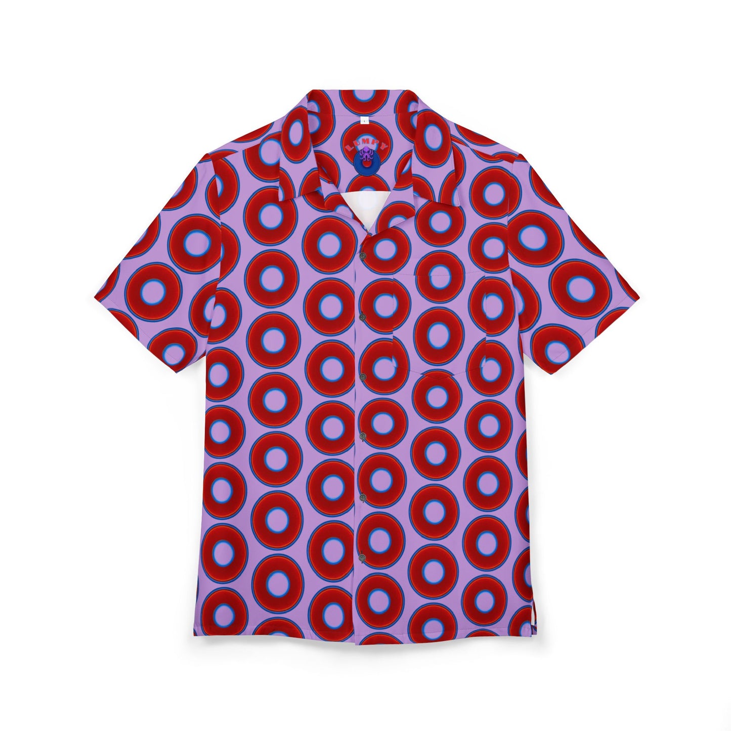Wilson's 'Epic Hawaiian-Punch' Shirt - vivid red donut print w/wisteria purple background [unisex]