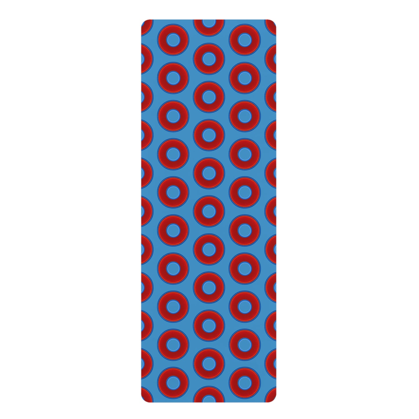 Lumpy Donut Yoga Mat :) - 24″ x 70" - vivid red donut print w/light steel blue background
