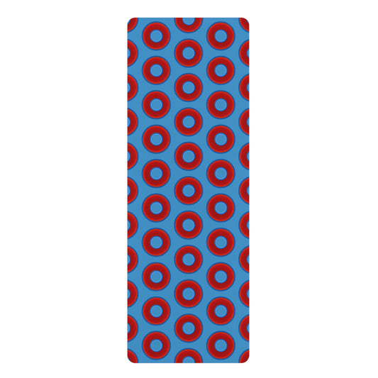Lumpy Donut Yoga Mat :) - 24″ x 70" - vivid red donut print w/light steel blue background