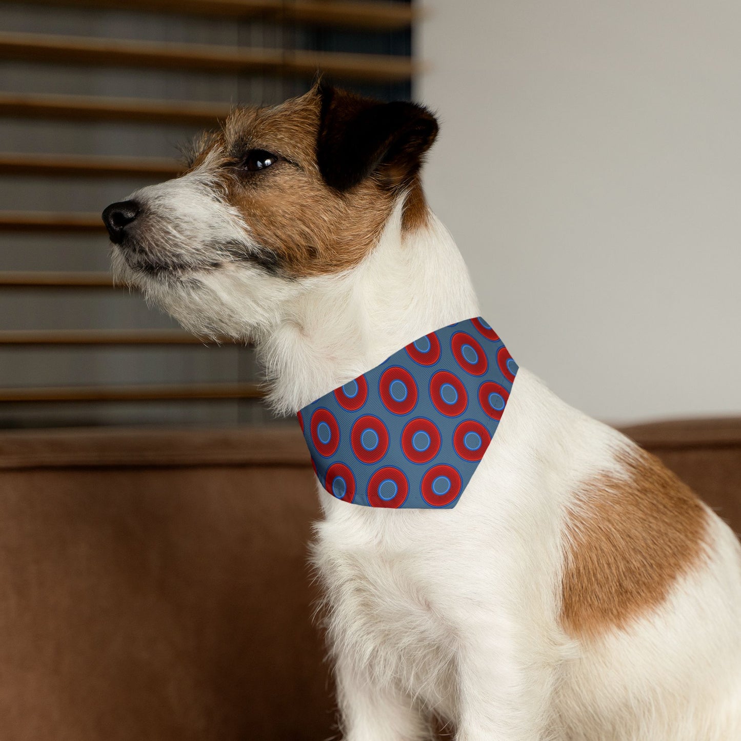 Jim's Lumpy Bandana Pet Collar - vivid red donuts w/steel blue background