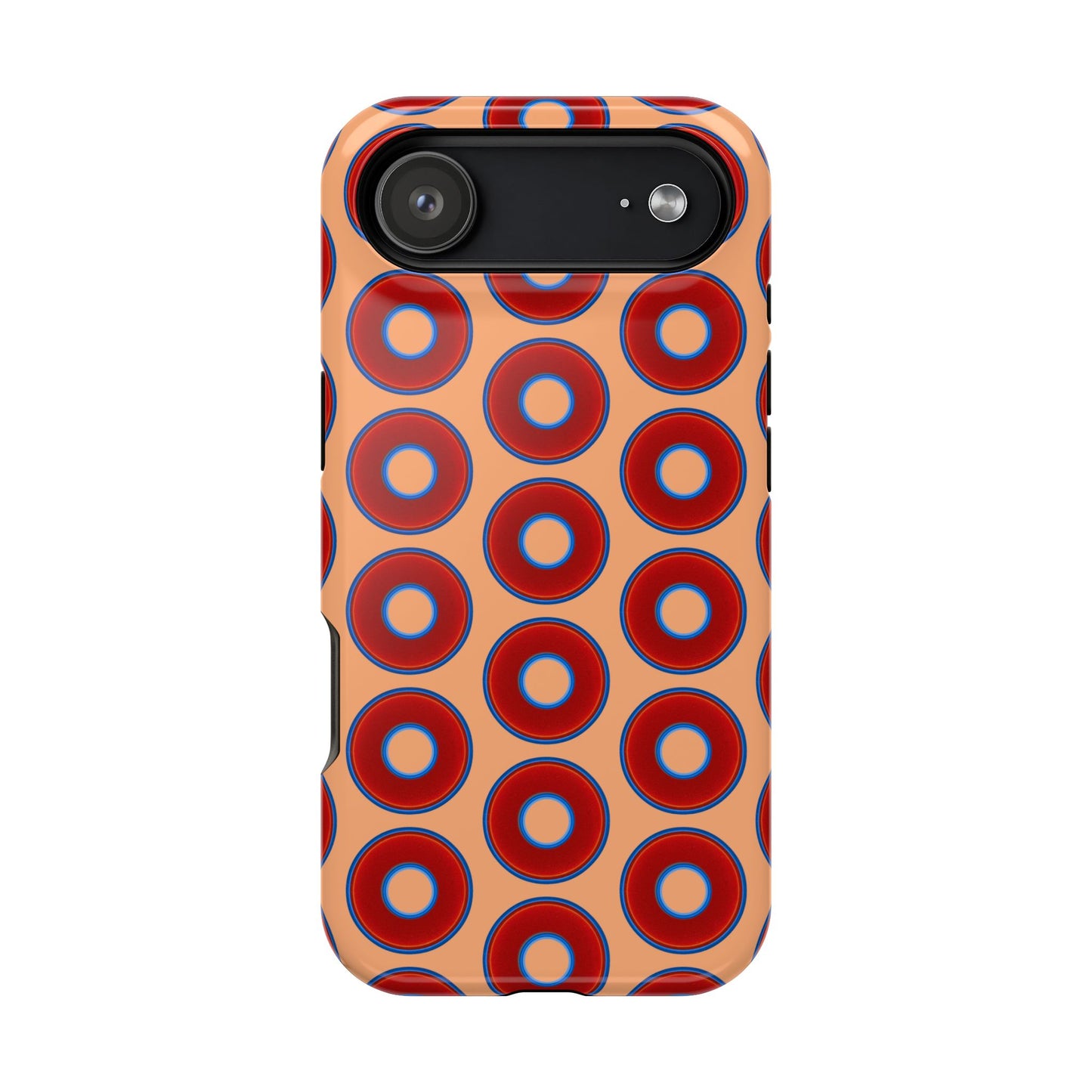 Impact-Resistant Lumpy Donut Case - red vivid donut print w/peach background