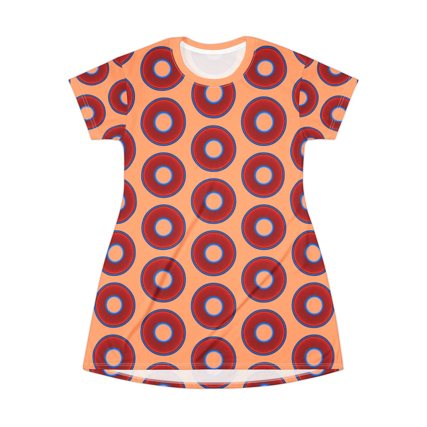 Not a Muumuu AOP Tee Shirt Dress - red vivid donuts w/peach background
