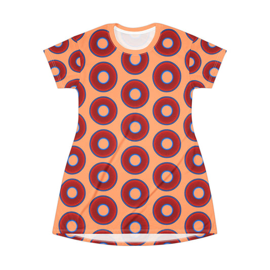 Not a Muumuu AOP Tee Shirt Dress - red vivid donuts w/peach background