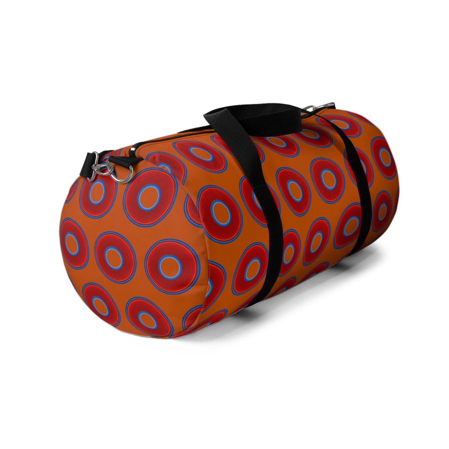Lumpy Duffel - vivid red donuts w/dark orange background