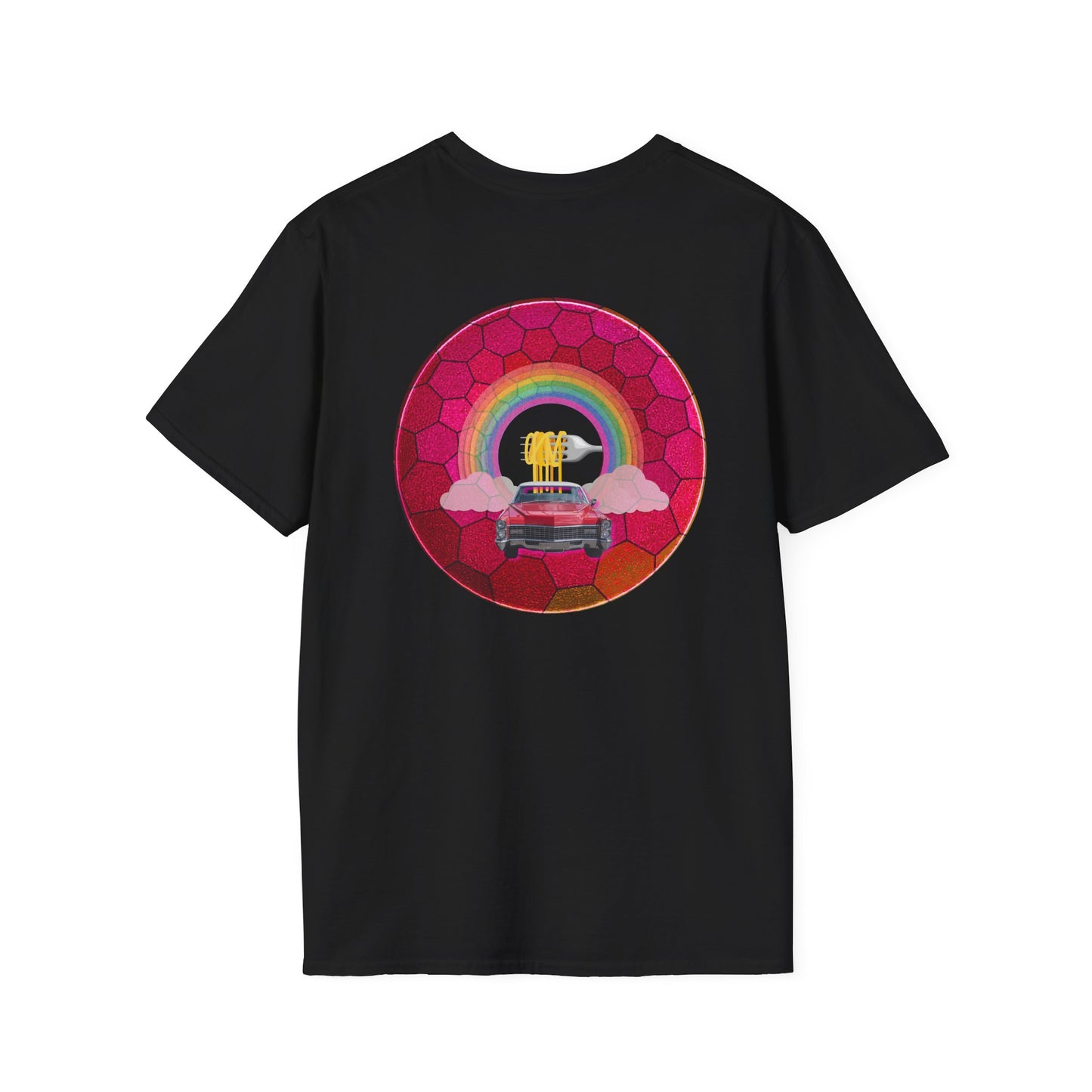 Classic Donut Tee - Unisex Soft-Style - "Cadillac Rainbows Donut Tee" - variant 1 - magenta hexadonut w/red caddy