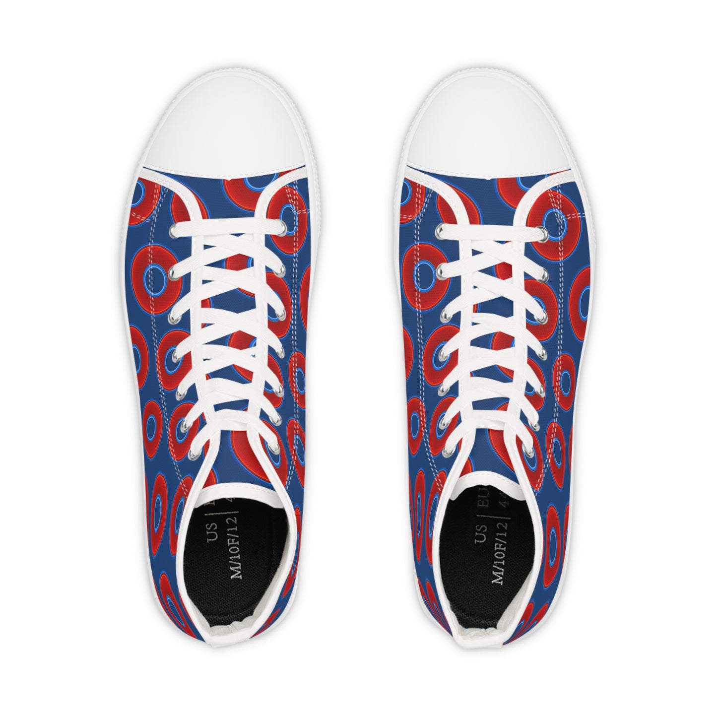 Men's High Top Chucks - large vivid red donut print w/Atlantic navy blue background