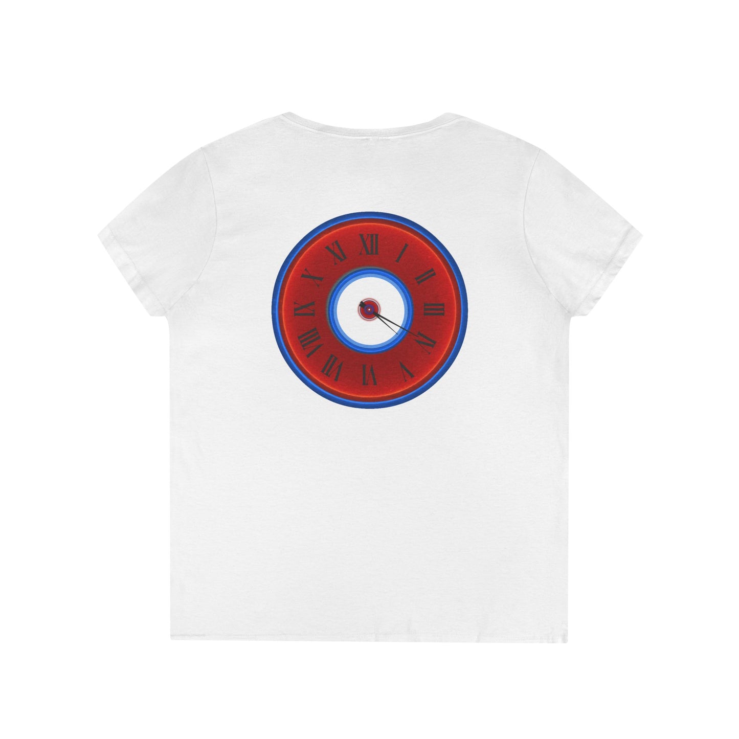 Women's Donut V-Neck Tee - "Time Treasurer's Donut Tee" - vivid red donut w/clock face