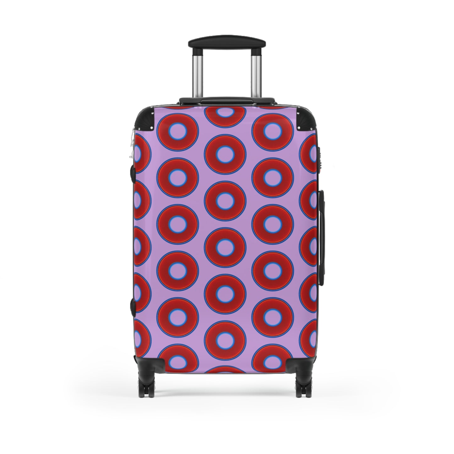 The Very Lumpy Donut Suitcase series - your choice of S, M or L - vivid red donut print w/wisteria purple background