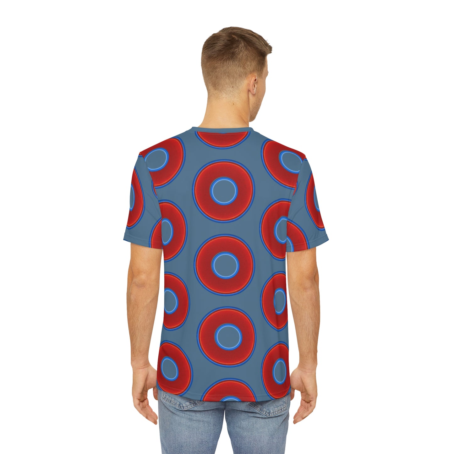 Multi-Beastie Giant Donut AOP Polyester Tee - red vivid donut print w/steel blue background