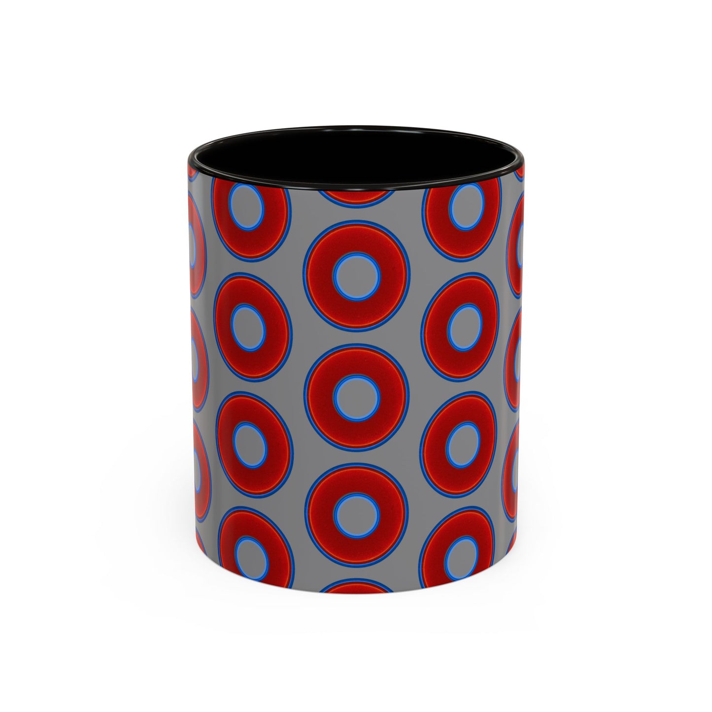 Lump's Grumpy Coffee Mug - vivid red donuts w/gray background