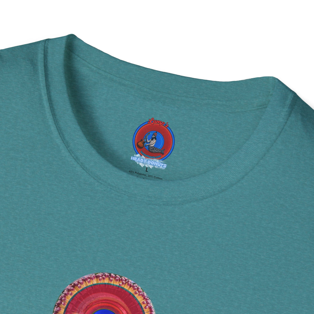 Classic Donut Tee - Unisex Soft-Style - "Smell the Donuts Outside on my Lawn"  " variant 2 - blue donut on red donut/flower