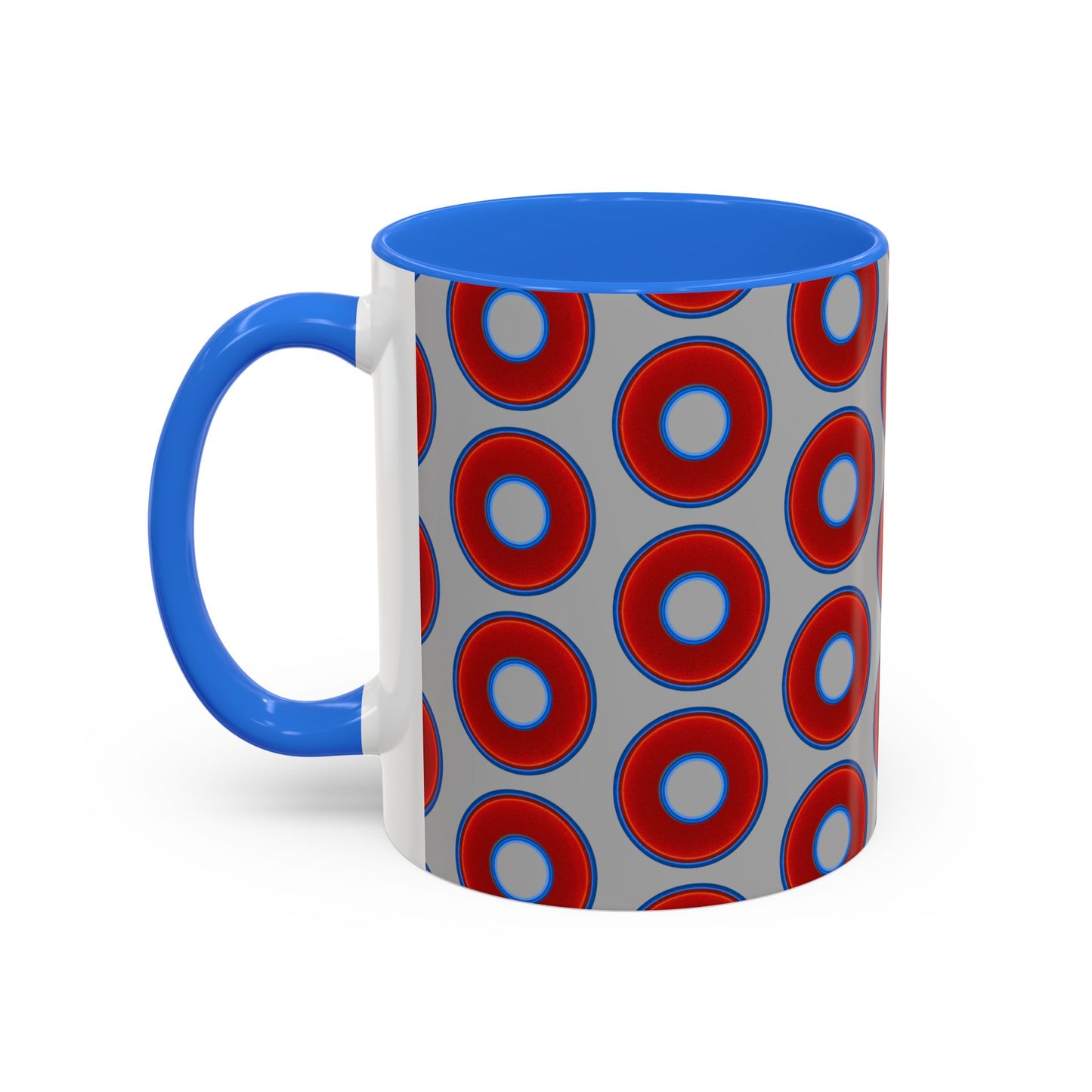 Lump's Grumpy Coffee Mug - vivid red donuts w/light gray background
