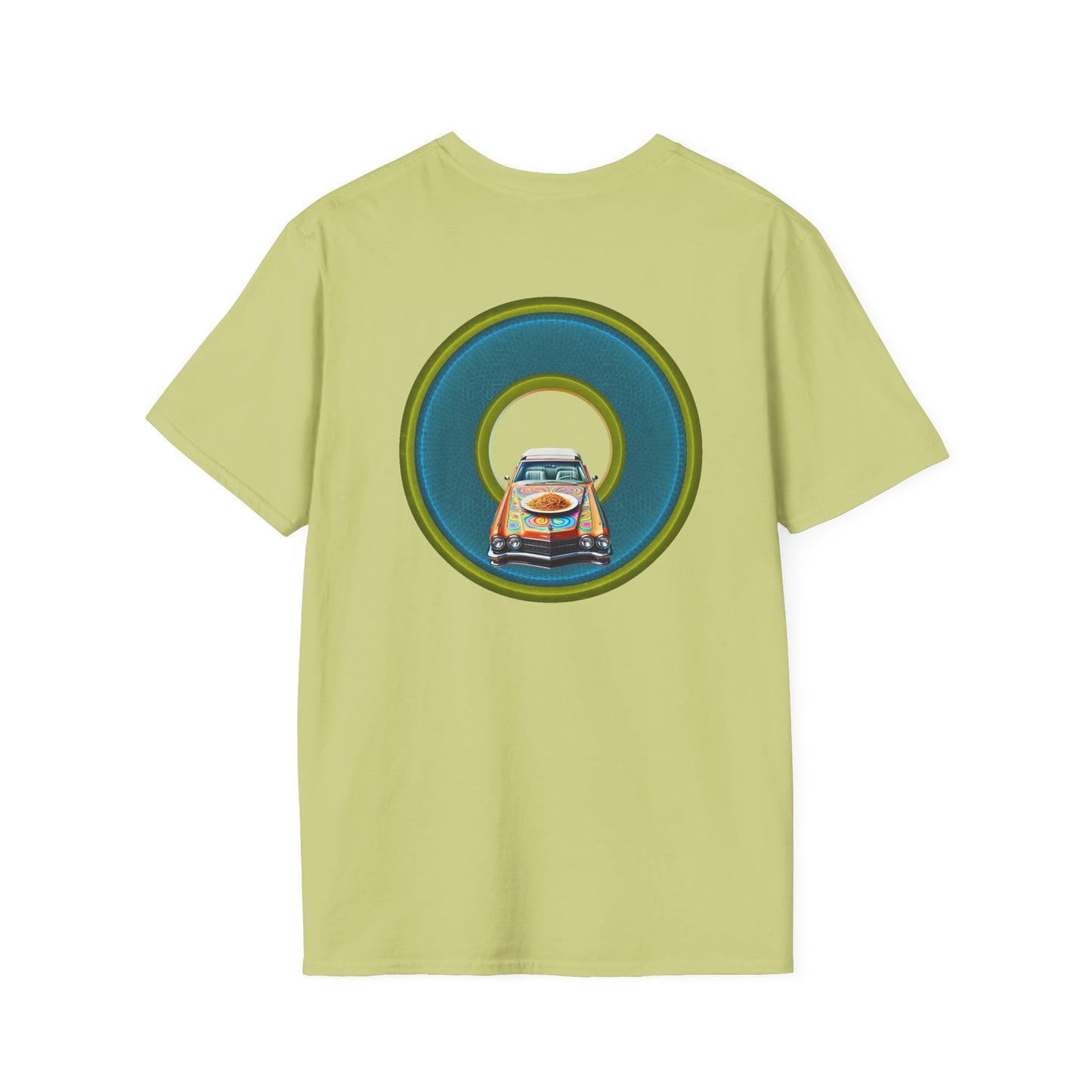 Classic Donut Tee - Unisex Soft-Style - "Cadillac Rainbow Spaghetti Incident" - series 1.0  - variant 1 - blue/green donut
