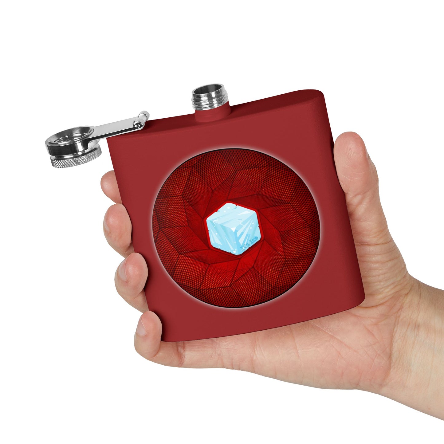 Lump's Donut Flask 6 oz -  "It's Ice... Cube's Donut Flask" - variant 1 - red cubed donut - [*w/your choice of 6 backgrounds]