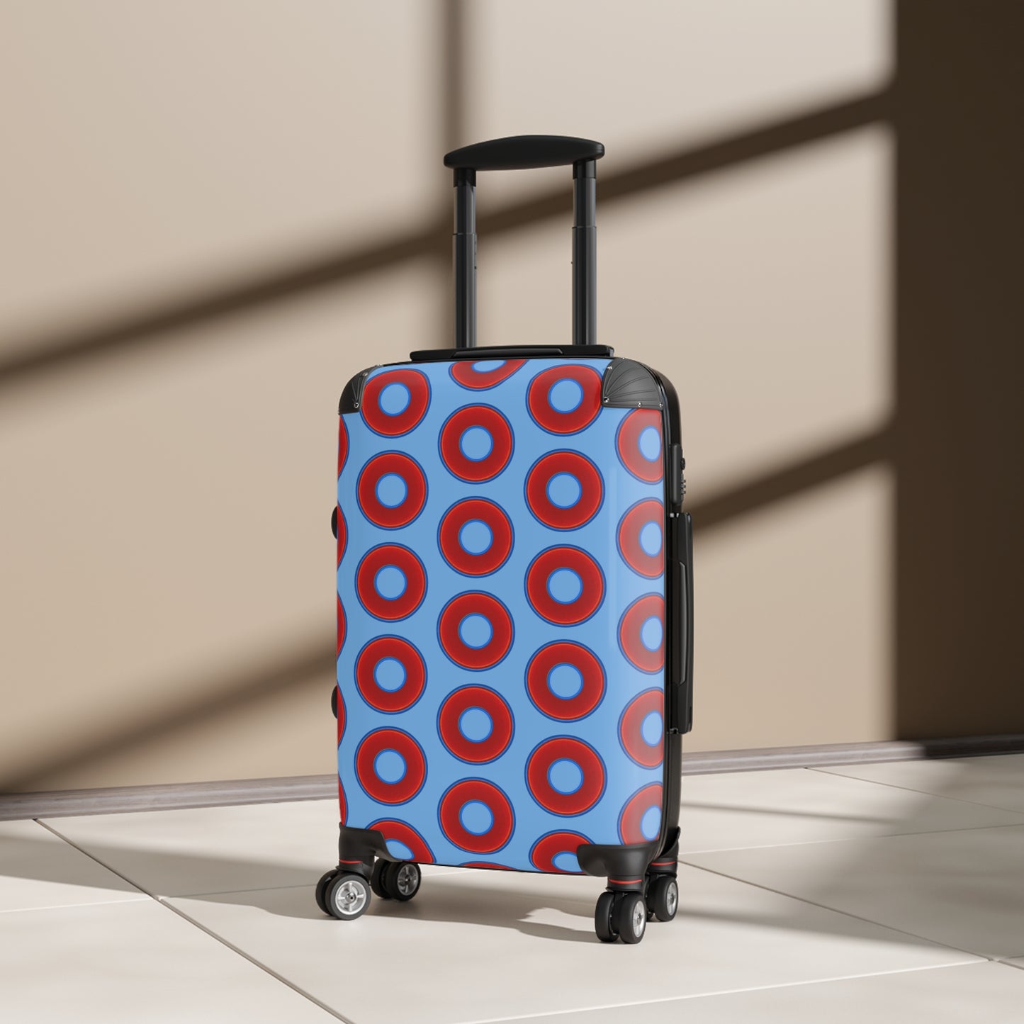 The Very Lumpy Donut Suitcase series - your choice of S, M or L - vivid red donut print w/light blue background