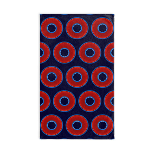 Lumpy Kitchen/Hand Towels - vivid red donuts w/midnight blue background