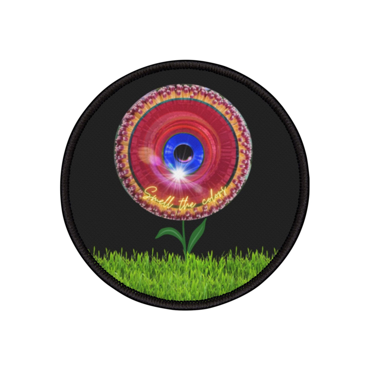 Iron-On Donut Patch - "Smell The Donut Patches" - vivid red flour donut - variant 3