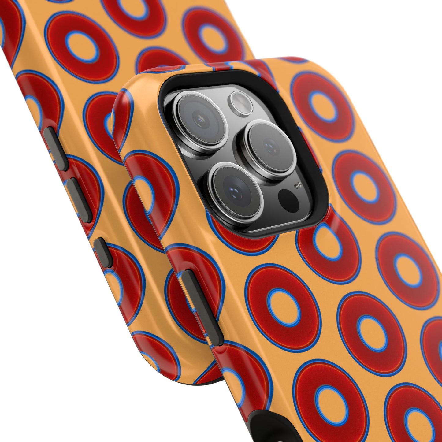 Impact-Resistant Lumpy Donut Case - red vivid donut print w/creamsicle orange background