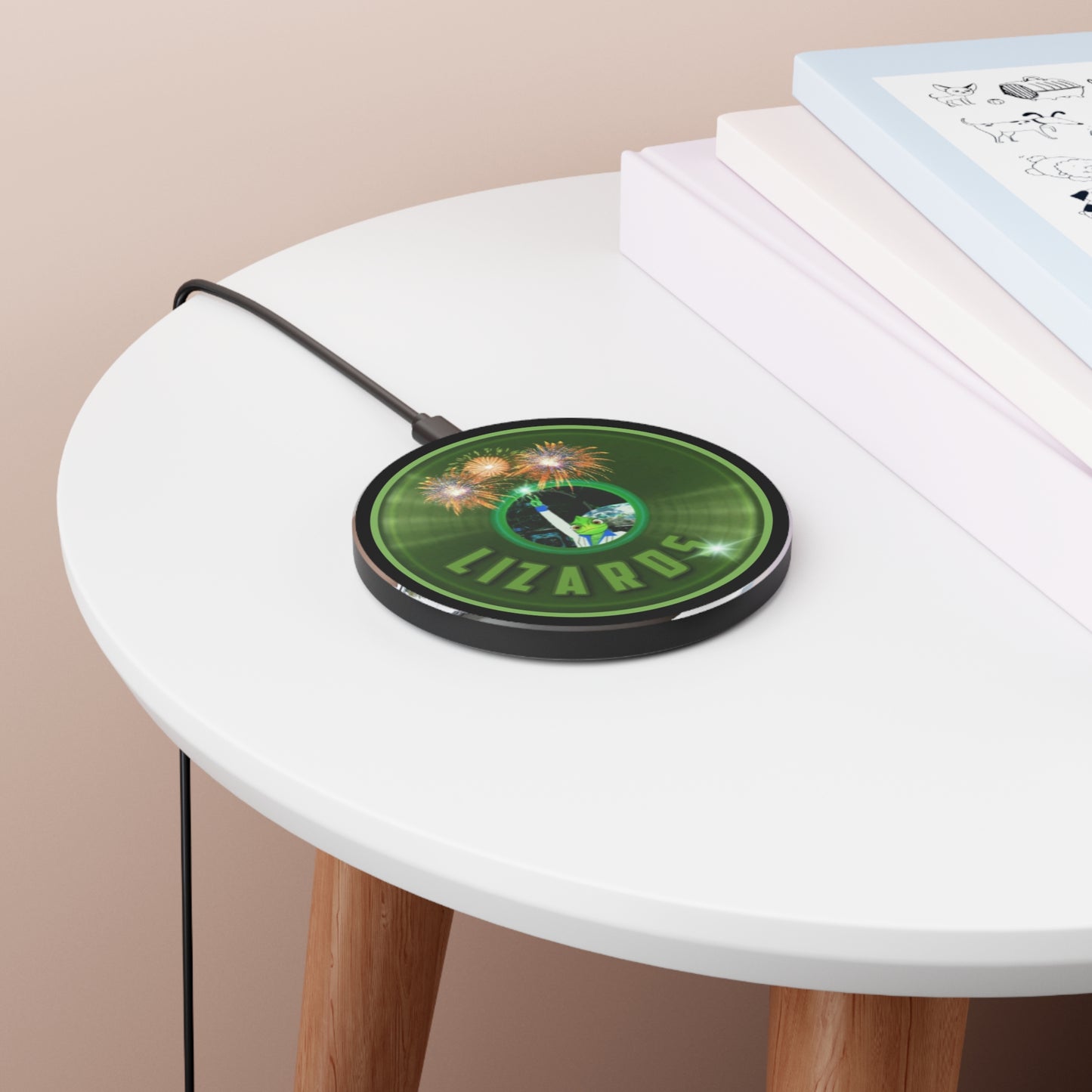 The Flow - Wireless Lumpy Donut Chargers - "Rutherford's Staying Alive via Wireless Power" - vivid green record donut w/black background - variant 1