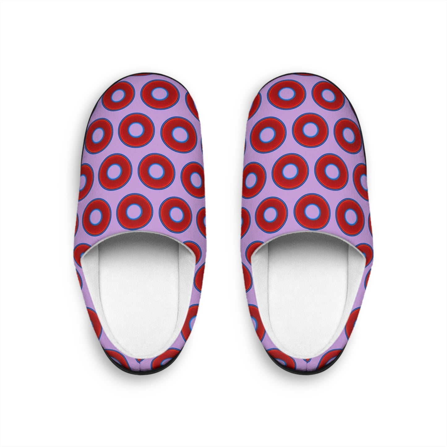 Women's Lumpy Slippers - red vivid donut print w/wisteria purple background