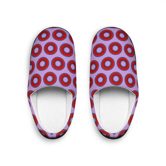 Women's Lumpy Slippers - red vivid donut print w/wisteria purple background