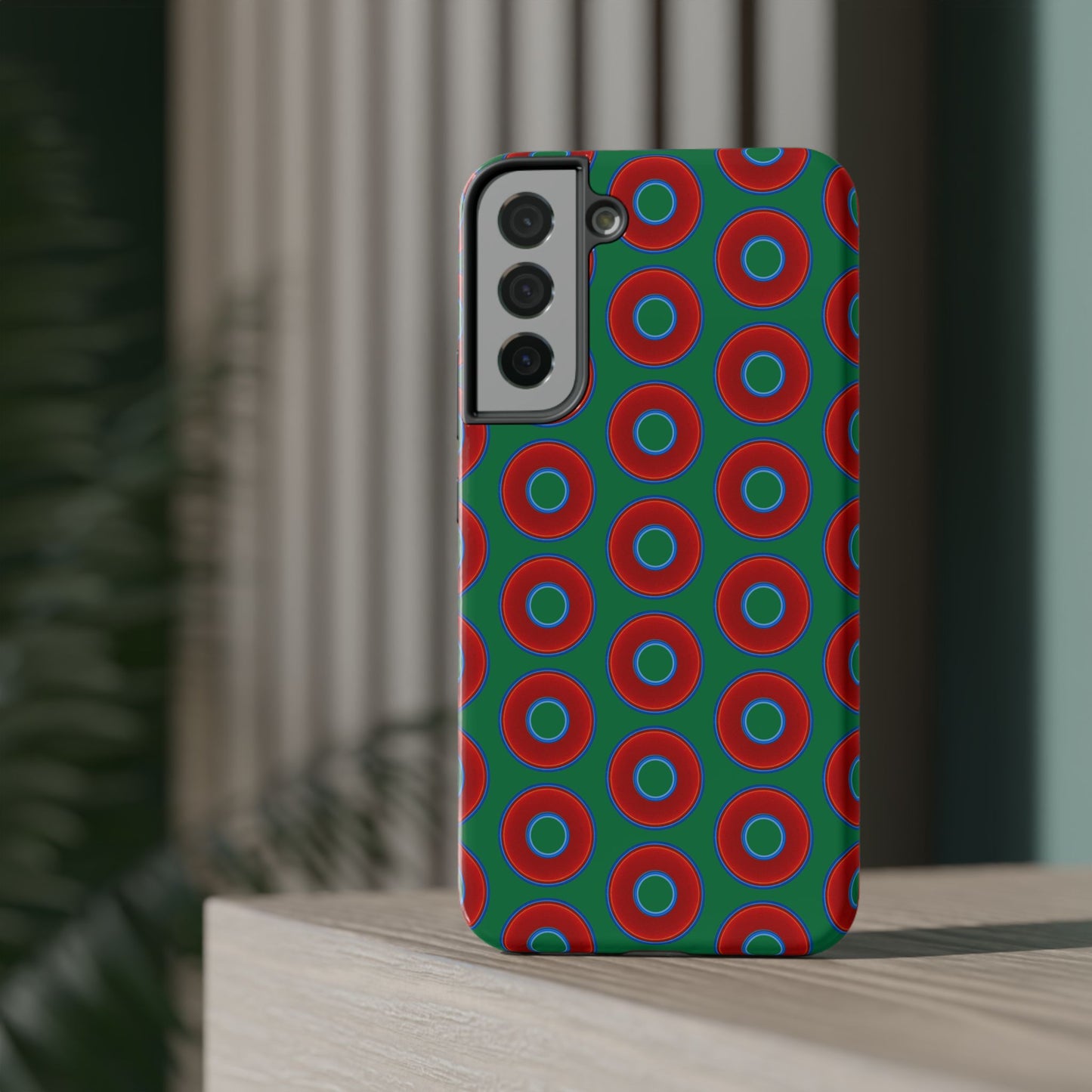 Impact-Resistant Lumpy Donut Case - red vivid donut print w/green background