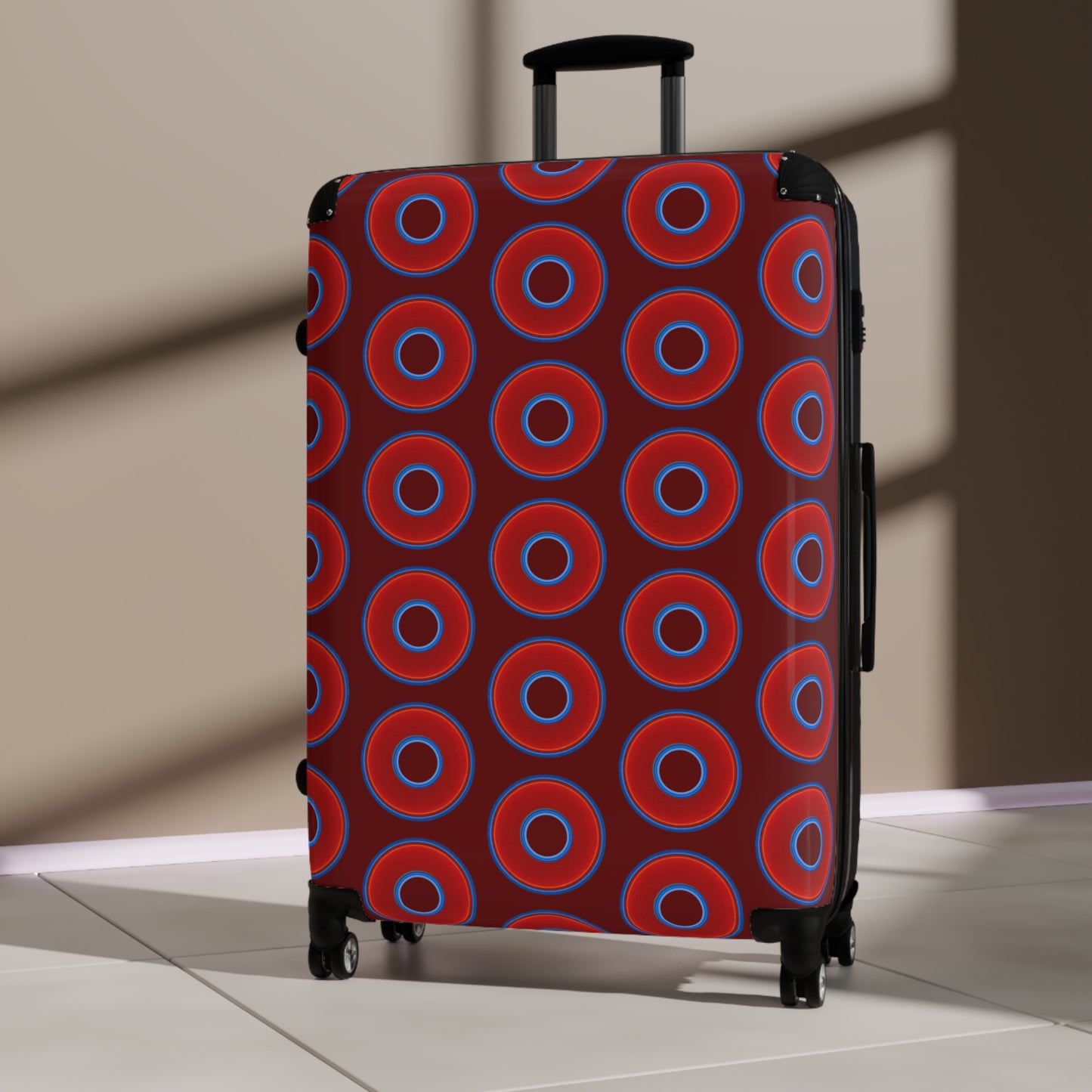 The Very Lumpy Donut Suitcase series - your choice of S, M or L - vivid red donut print w/dark red background