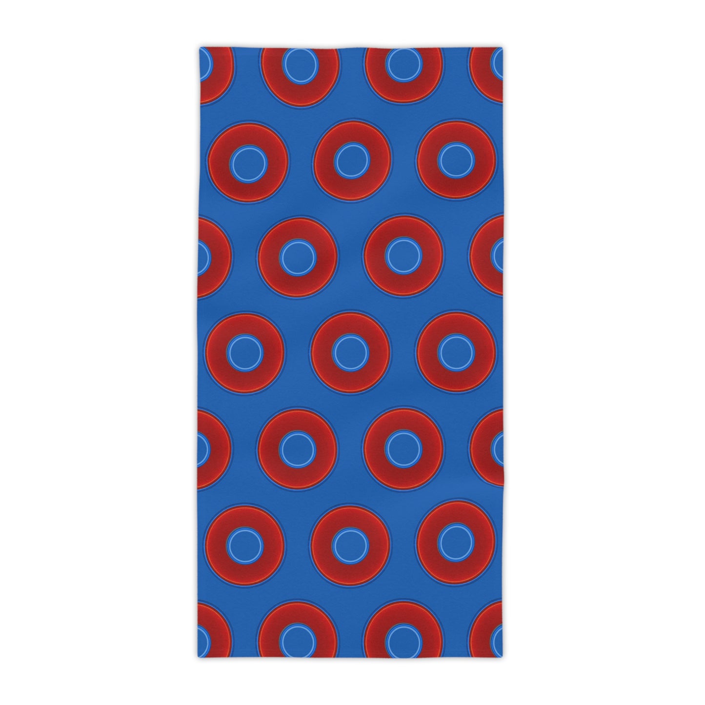 Lumpy Donut Towels - vivid red donuts w/dark royal blue background