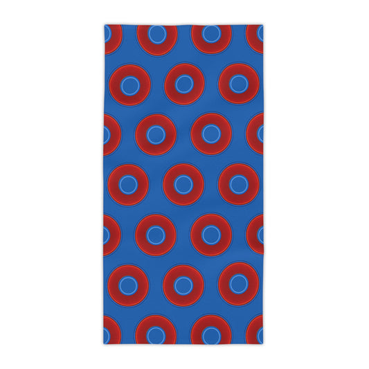Lumpy Donut Towels - vivid red donuts w/dark royal blue background