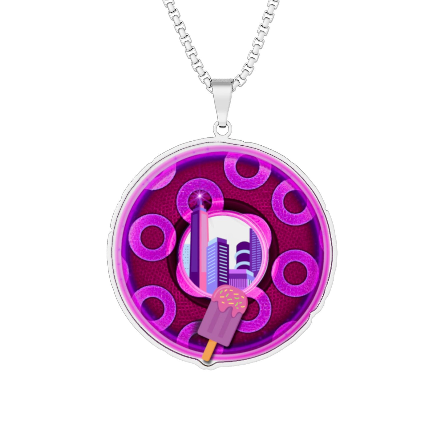 Lump's Heady Donut Necklace - 1" x 1" Stainless Steel Pendant - "Wooked Cream Dairy - YEMSG Donut - Ice Cream Bar" - city edition - magenta/purple rustic paradox donut - variant 2