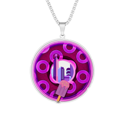 Lump's Heady Donut Necklace - 1" x 1" Stainless Steel Pendant - "Wooked Cream Dairy - YEMSG Donut - Ice Cream Bar" - city edition - magenta/purple rustic paradox donut - variant 2