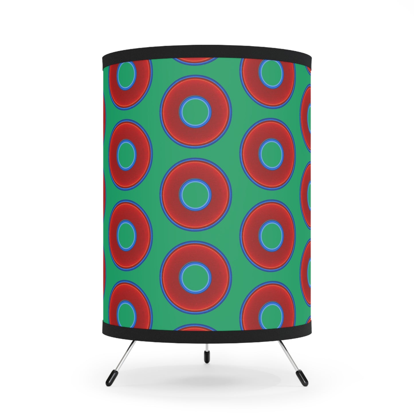 Lumpy Tripod Donut Lamp - vivid red donuts w/jade green background