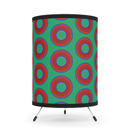 Lumpy Tripod Donut Lamp - vivid red donuts w/jade green background