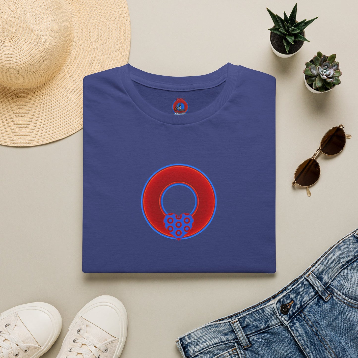 Classic Donut Tee - Unisex Soft-Style - "Ocean Donuts of Love" - vivid red donut - variant 1