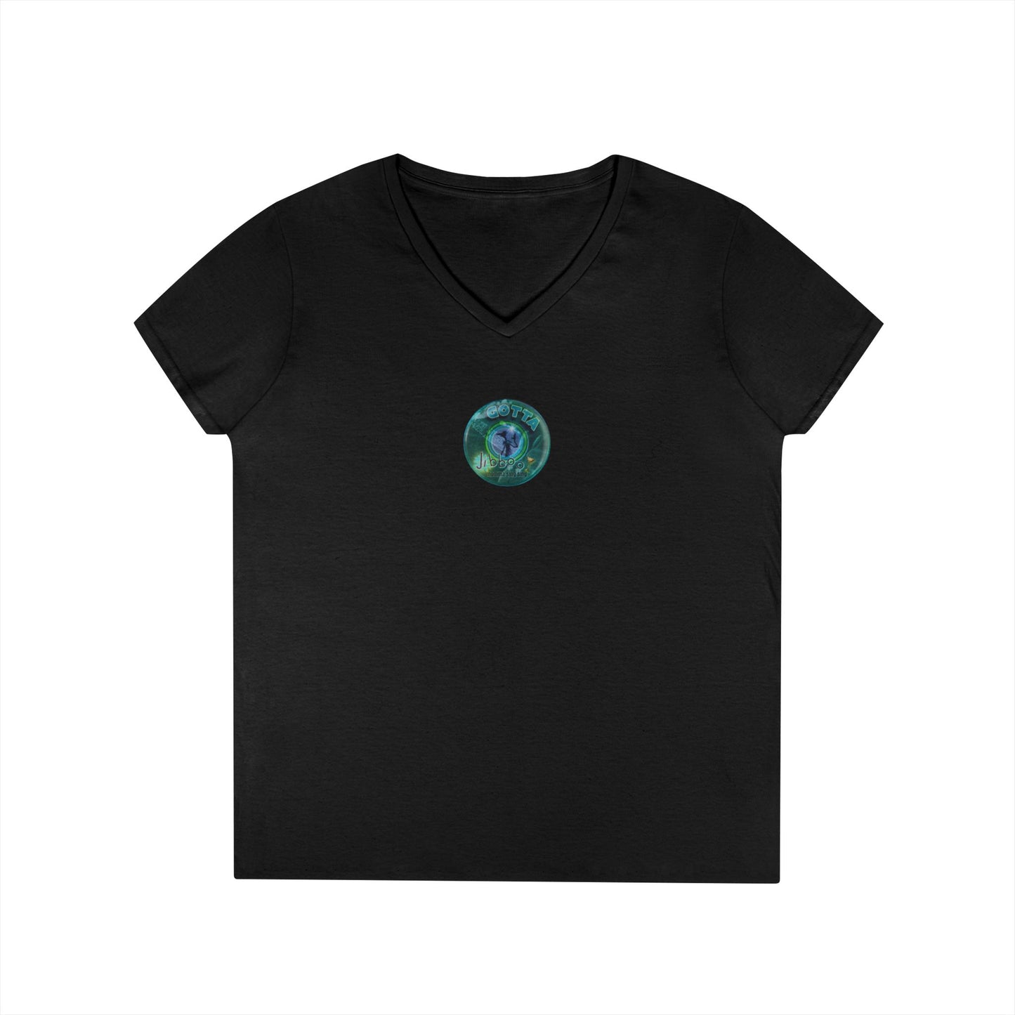 Women's Donut V-Neck Tee - "Momma just got out of Sing Sing" - vivid teal green donut w/