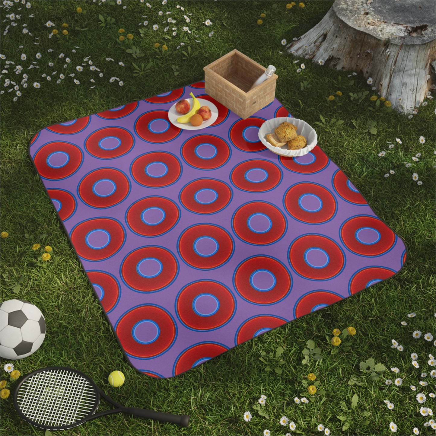 The Lumpy Party Blanket - giant water-resistant outdoor blanket [61" x 51"] - vivid red donuts w/light purple background