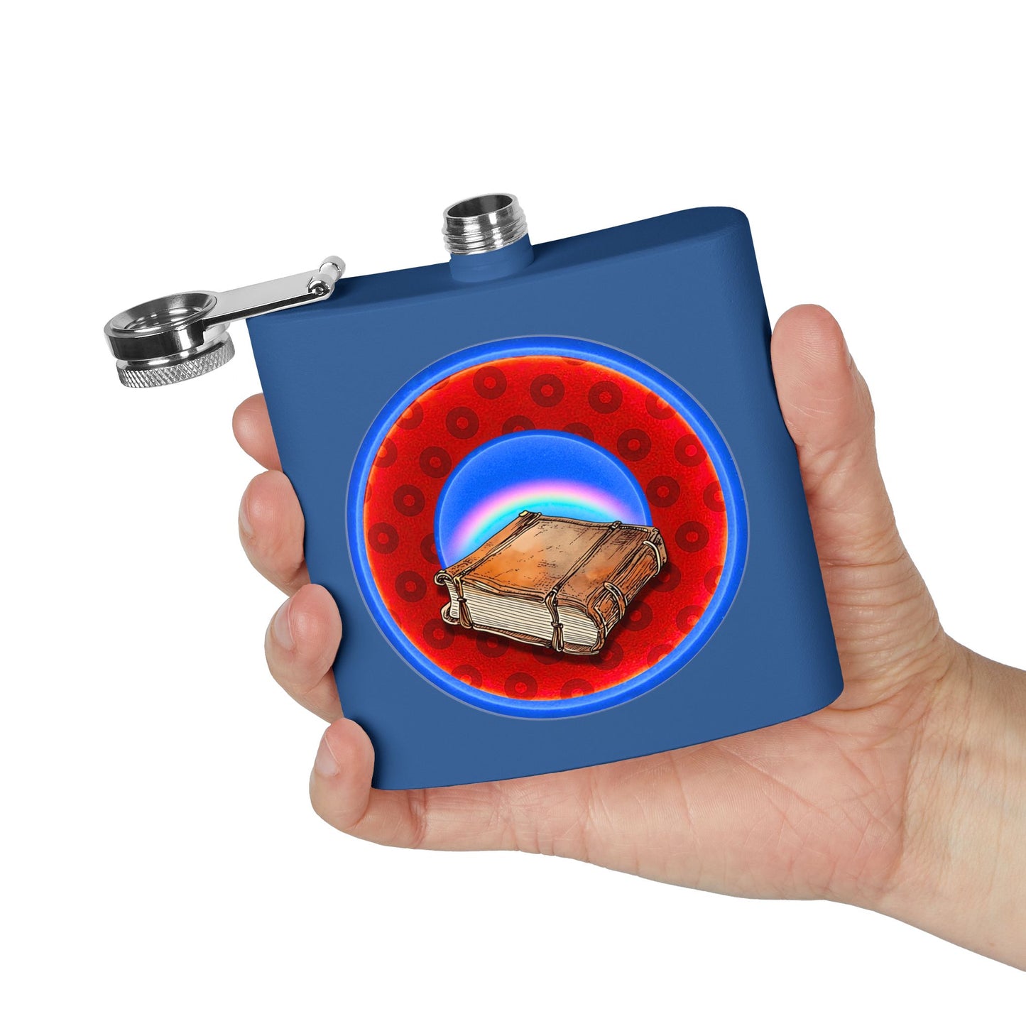 Lump's Donut Flask 6 oz -  "Helping Phriendly Flask" - red/blue widemouthed paradox donut - [*w/your choice of 6 backgrounds]