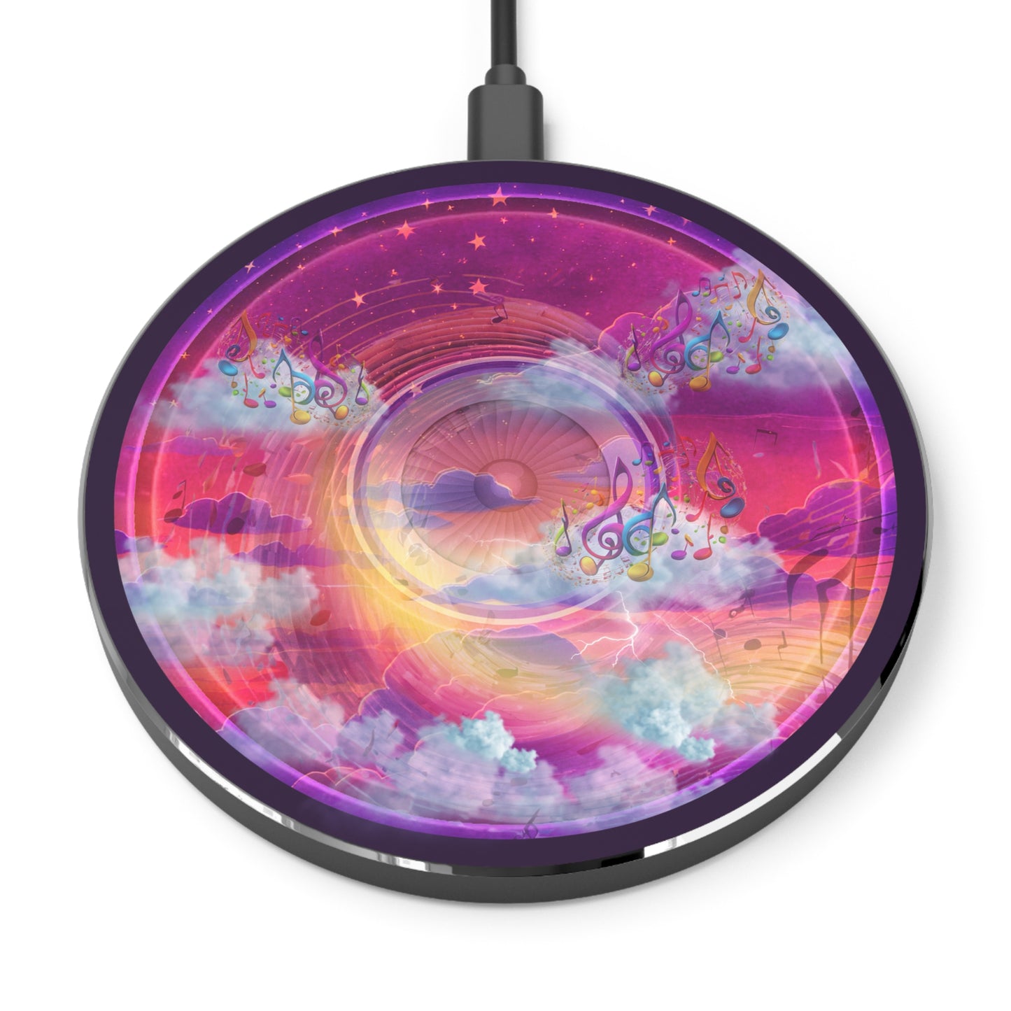 The Flow - Wireless Lumpy Donut Chargers - "Pillow Donuts of Wireless Charging" - vivid magenta donut w/midnight purple background