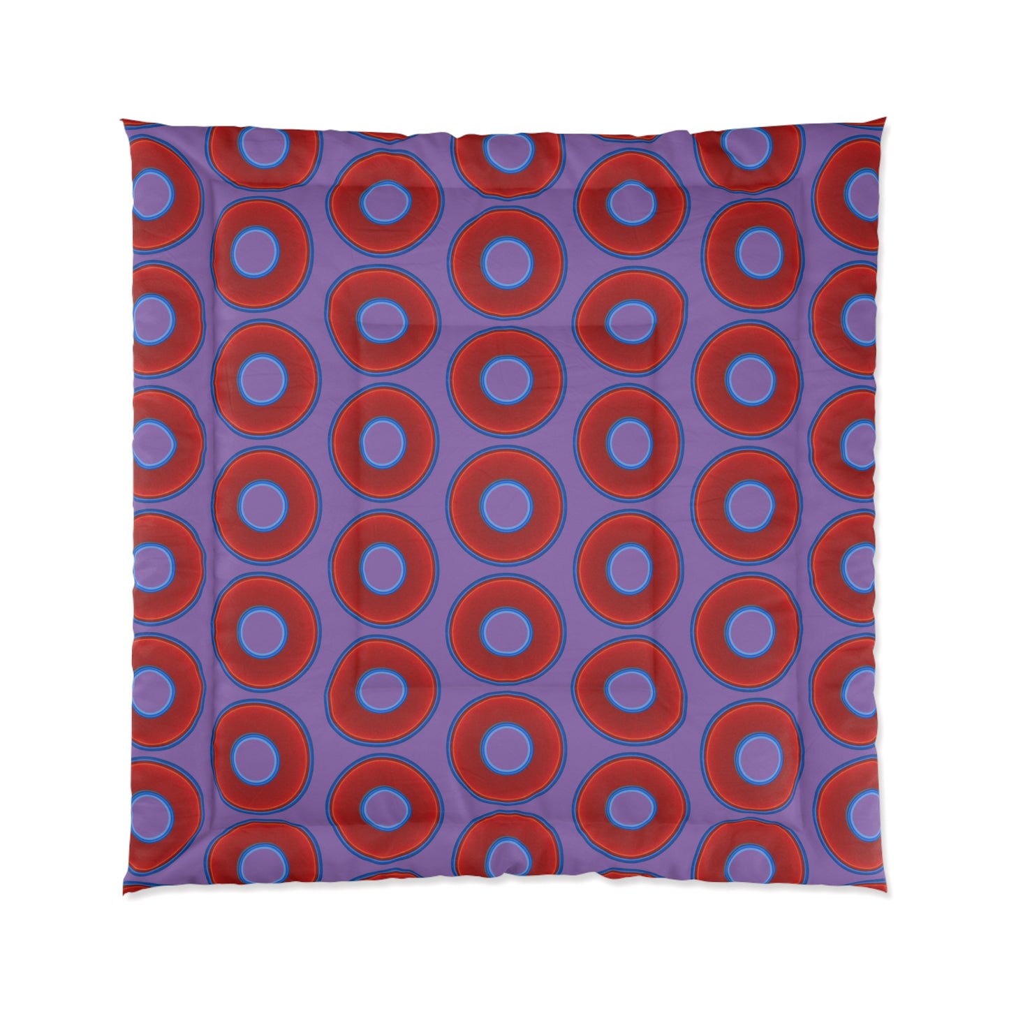 The Very Lumpy Comforter - vivid red donuts w/light purple background