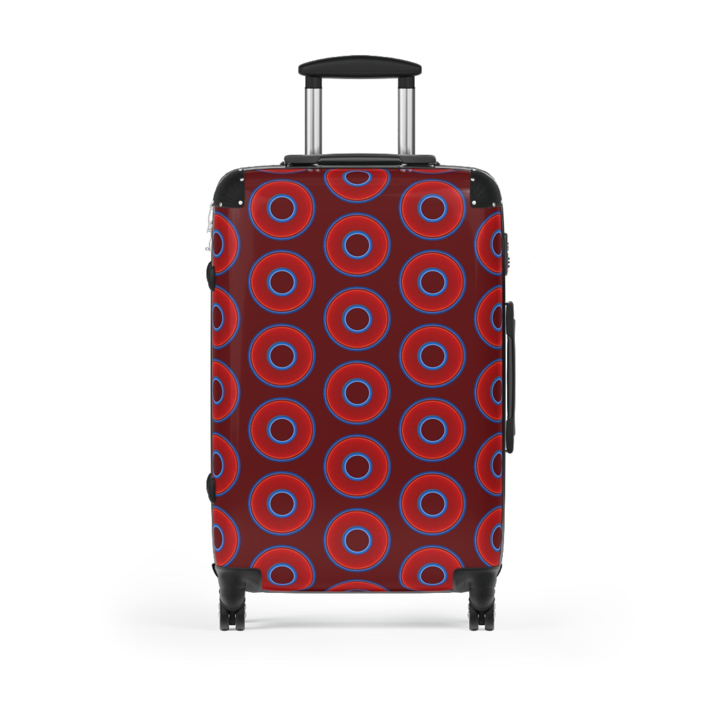 The Very Lumpy Donut Suitcase series - your choice of S, M or L - vivid red donut print w/dark red background