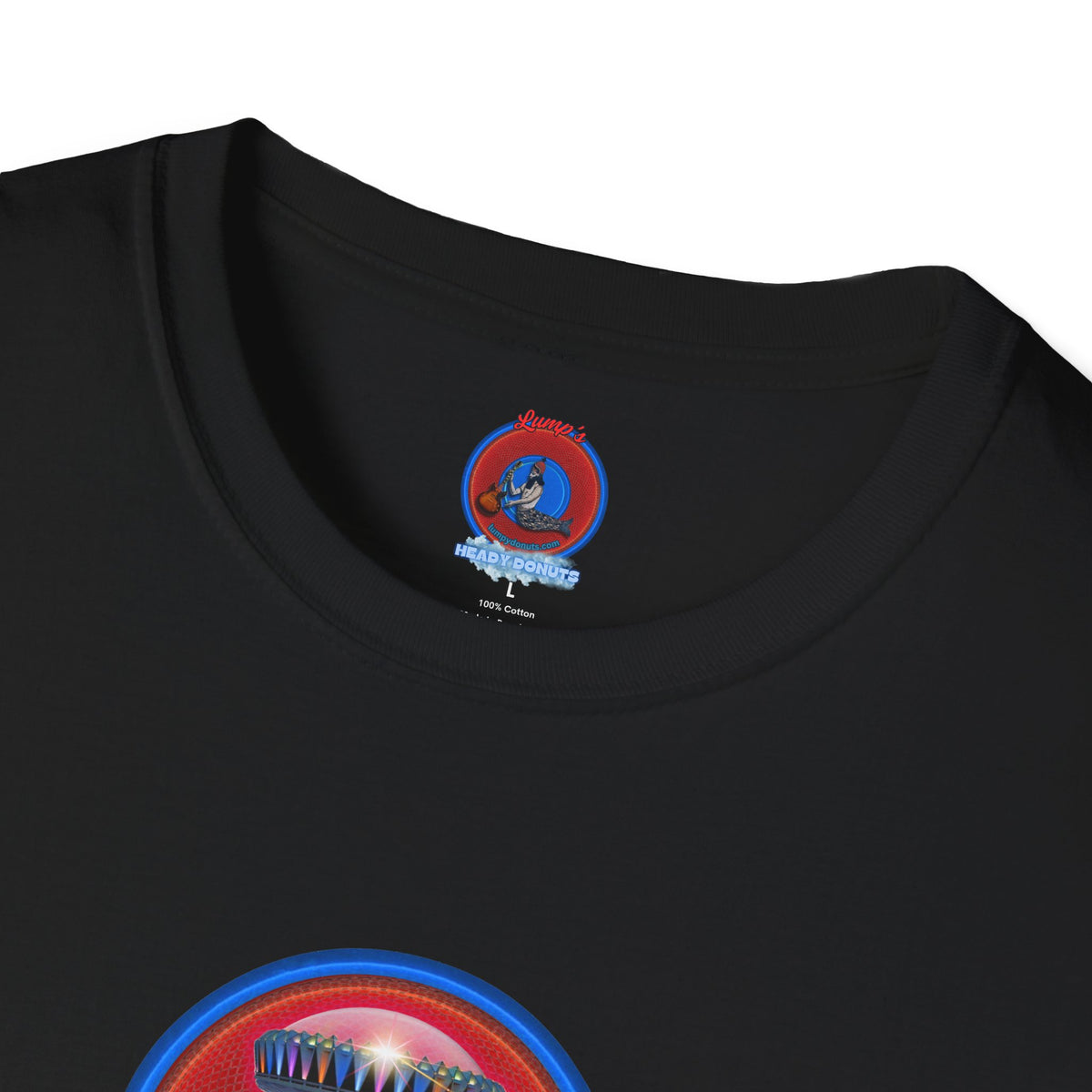 Classic Donut Tee - Unisex Soft-Style - "Donuts now Served on the Mothership" - red/blue donut