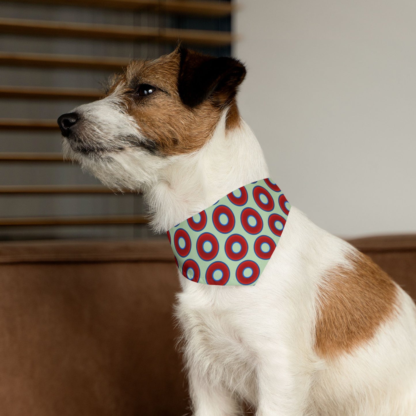 Jim's Lumpy Bandana Pet Collar - vivid red donuts w/seafoam background