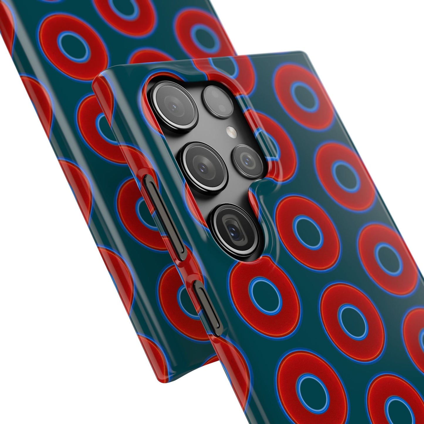Lumpy Donut Snap Case - red vivid donut print w/midnight teal green background