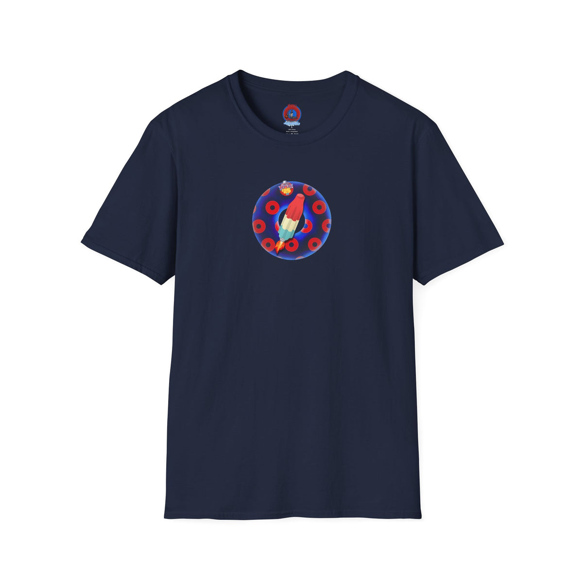 Classic Donut Tee - Unisex Soft-Style - "Blow this Popsicle Stand" - blue/red paradox bomb pop donut - variant 3