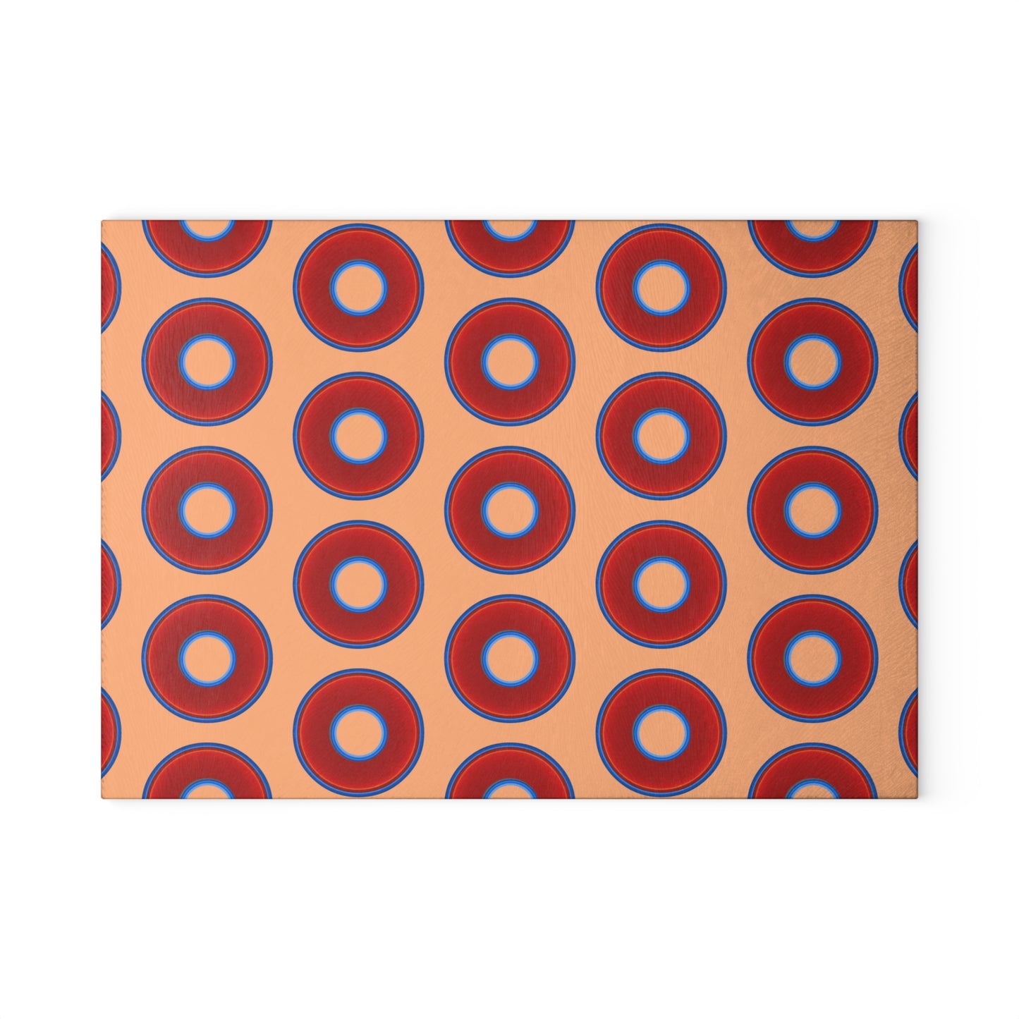 My Friend's Cutting Board - vivid red donuts w/peach background