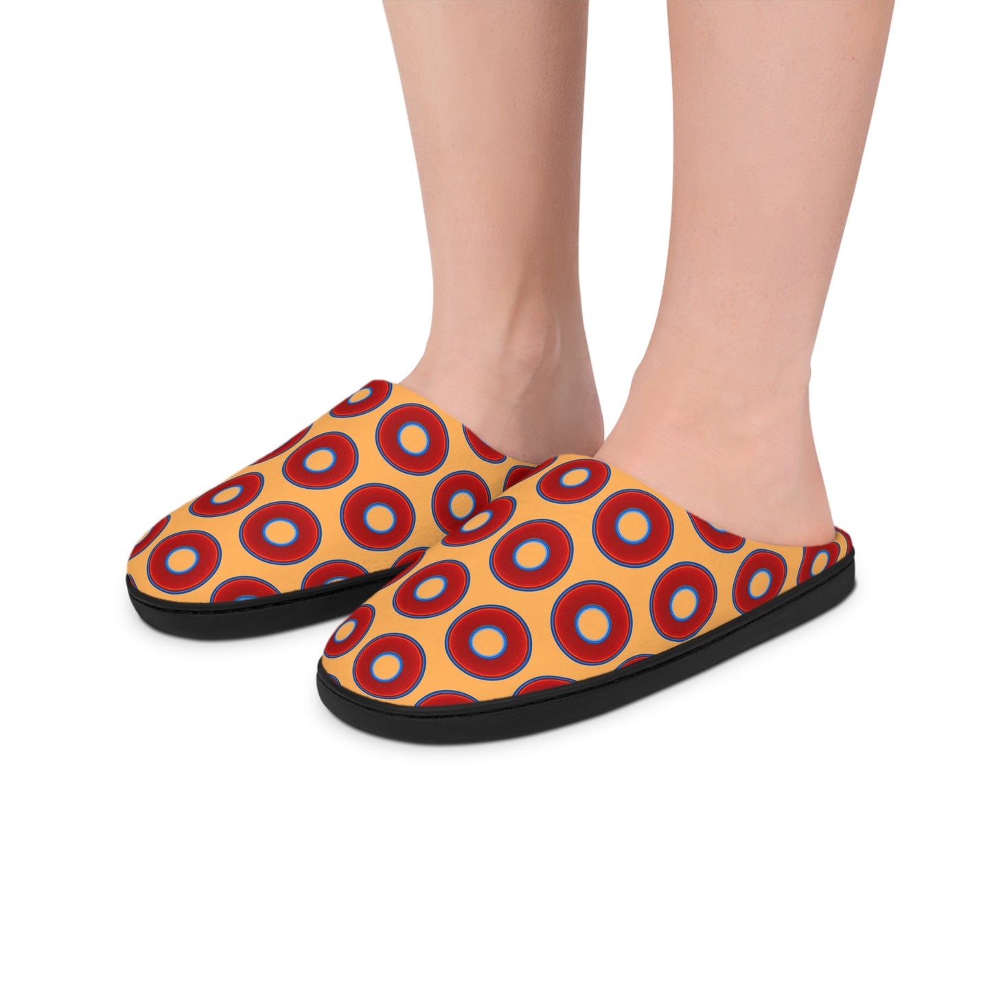Men's Lumpy Slippers - red vivid donut print w/creamsicle orange background