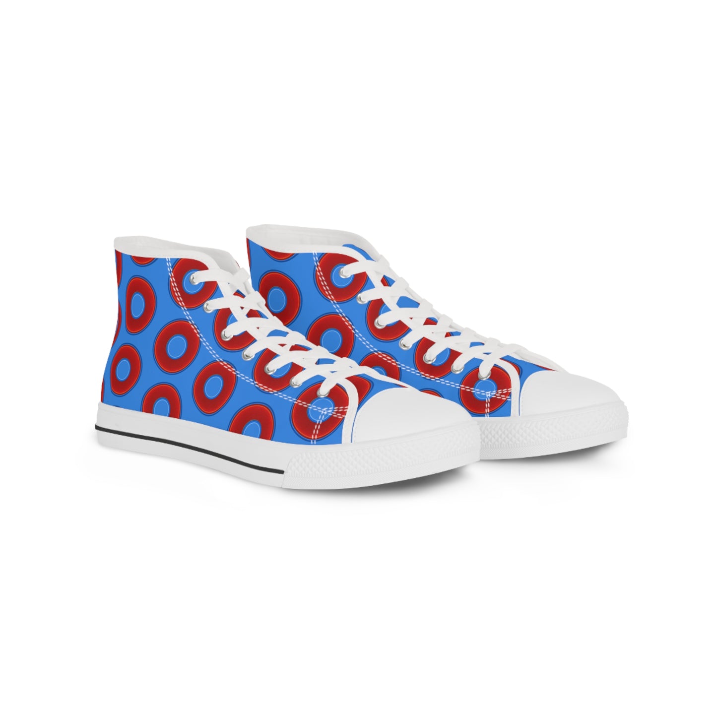 Men's High Top Chucks - large vivid red donut print w/light royal blue background